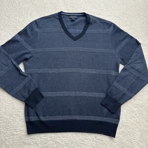 Brooks Brothers Sweater Mens L Blue V Neck Cotton Silk Cashmere Striped